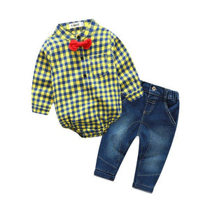 baby boys clothing set plaid rompers with bowtie + demin pants 2017 fashion baby boy clothes newborn baby clothes