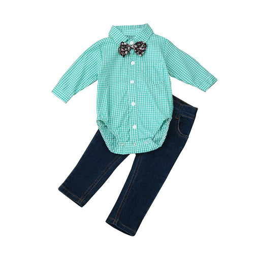 Baby Boy Clothes 2017 Fashion Toddler Kids Baby Boys Outfit Clothes Infantil Tie Plaid Tops Shirt+Jeans Long Pants 1Set