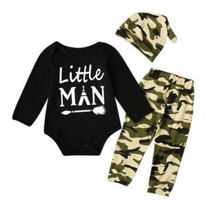 HOT Newborn Baby Boys Clothes Tops Romper +Camouflage Pants + Cap Leggings Hat Outfits Set 3pcs Baby Fashion Suits