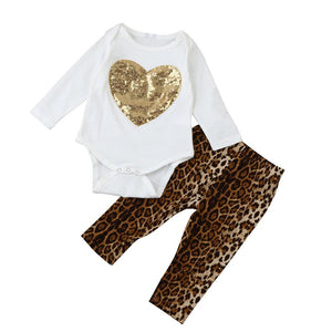 2017 Fashion Baby clothing Set Newborn Infant Baby Girl Sequins Heart Romper Tops+Leopard Pants Outfits Set
