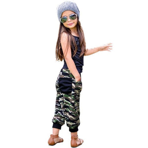 2017 children fashion summer baby girls clothing sets 2pcs Harness Vest and Long Pants camouflage sport suit sets girls Clothes
