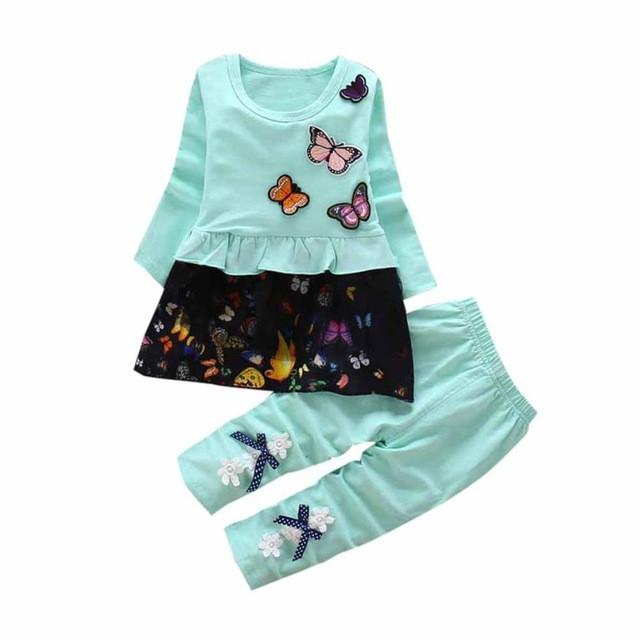 2017 Fashion Toddler Kids Baby Girls Outfits Blouse Embroidery butterfly Lace Tops+Long Pants Bowknot 2Pcs Girls Clothing Set