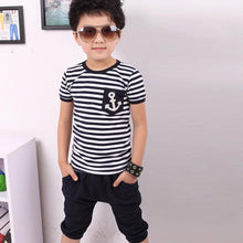 New fashion kids Summer Children Short Sleeve Clothing Boy Navy Striped Cotton T-shirt + Pants Suits sets for 2-7Y