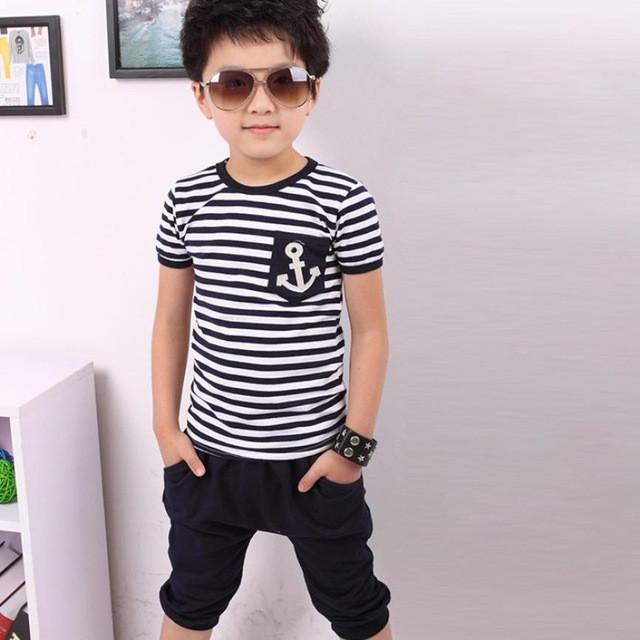 New fashion kids Summer Children Short Sleeve Clothing Boy Navy Striped Cotton T-shirt + Pants Suits sets for 2-7Y