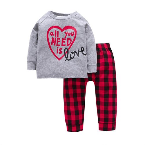 2Pcs 12M~5T 2017 Casual Toddler Boys Sets Grey Letter Long Sleeve Cotton T-shirt+Red Plaid Pants Autumn Baby Girls Clothes Sets